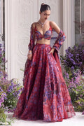 Soulika Wine Floral Printed Lehenga Set with Embellished Bralette & Sheer Dupatta
