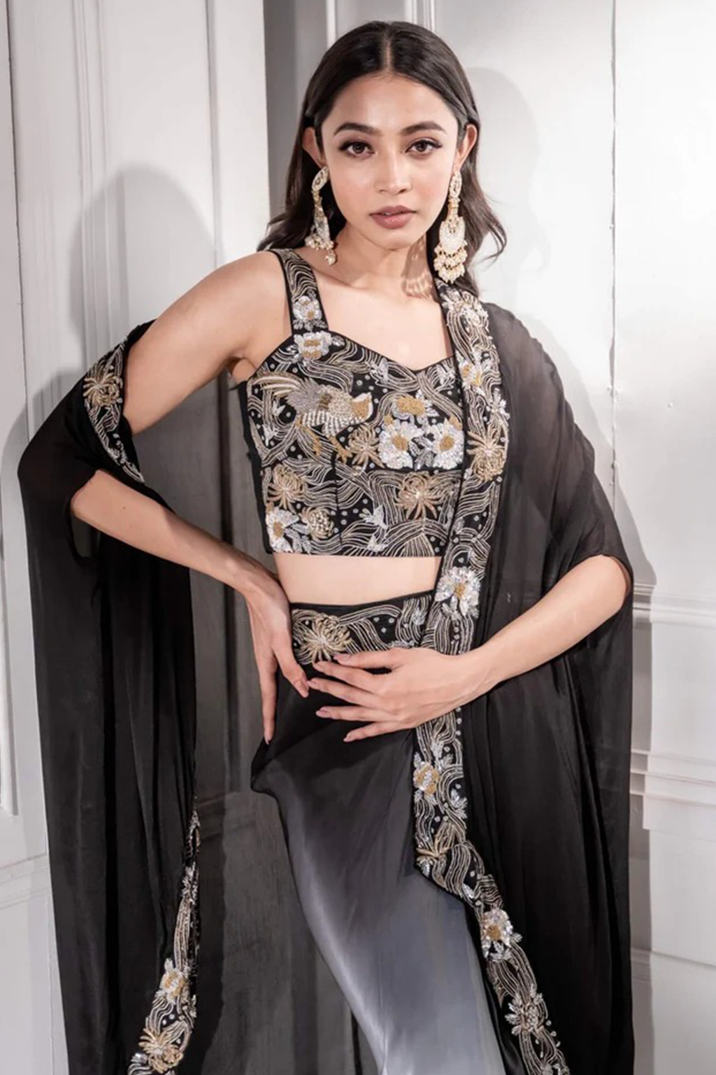 Soulika Black Ombre Indo western Draped Dhoti Skirt Set