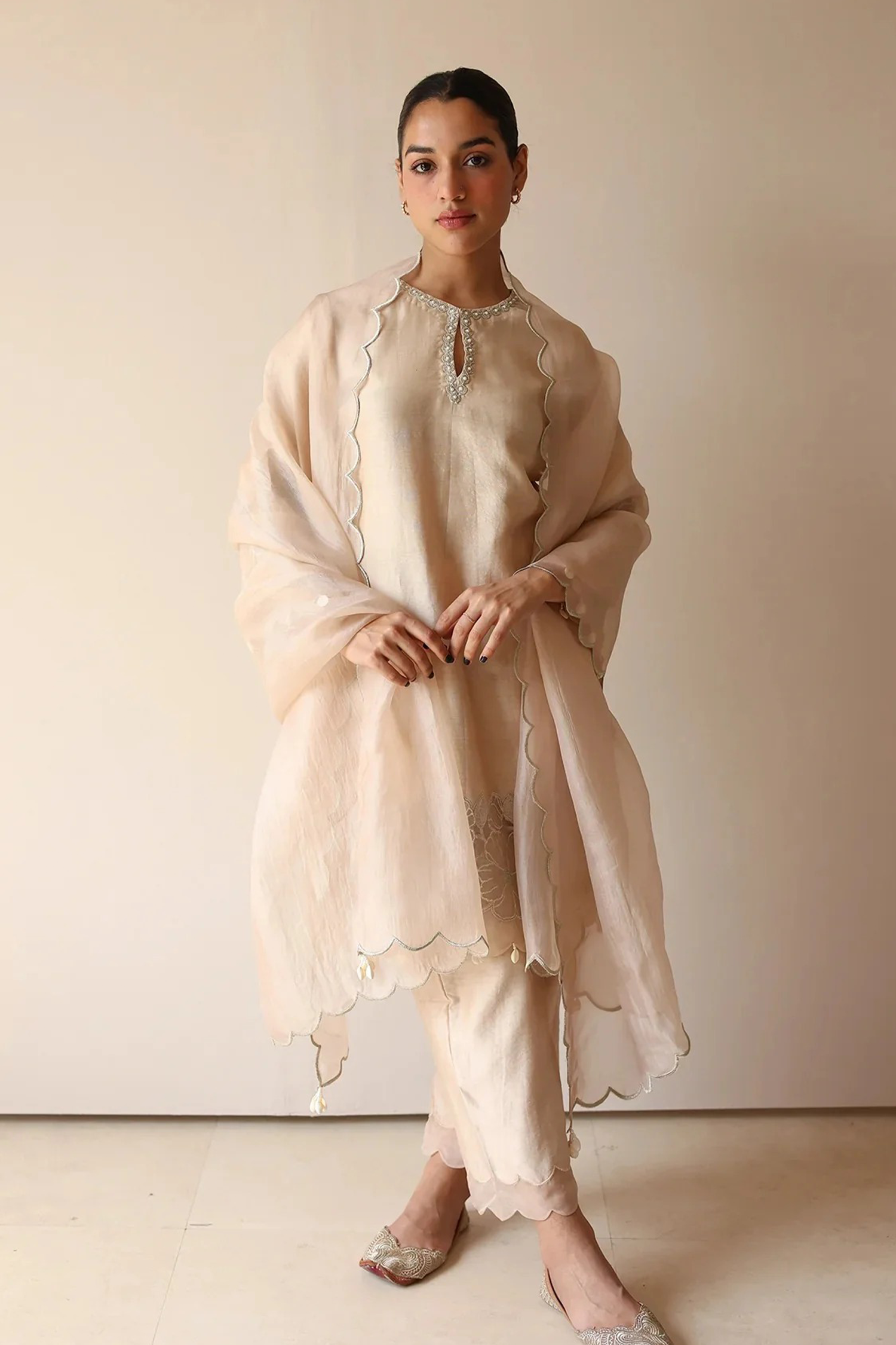 Soulika Silk Kurta Set with Floral Embroidery and Pearl Tassel Details