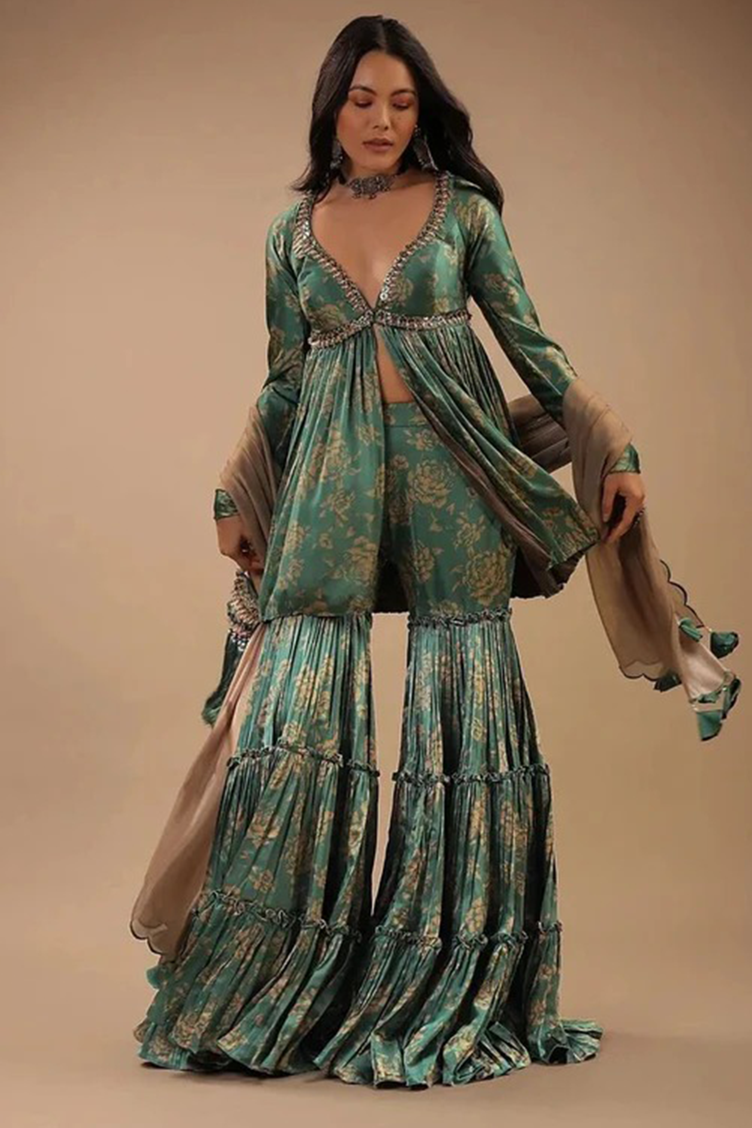 Soulika Teal Floral Printed Kurti Sharara Set with Embellished Neckline & Dupatta