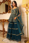 Soulika Teal Green Embroidered Kurta With Sharara & Dupatta Set