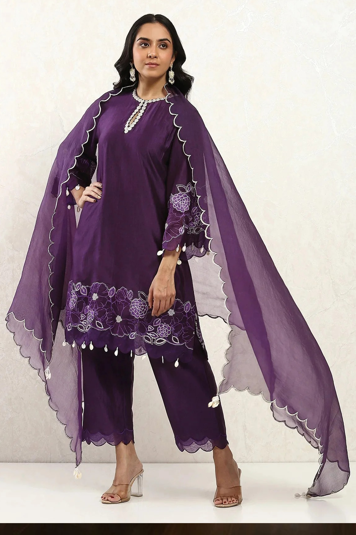 Soulika Purple Embroidered Kurta Set with Sheer Scalloped Dupatta