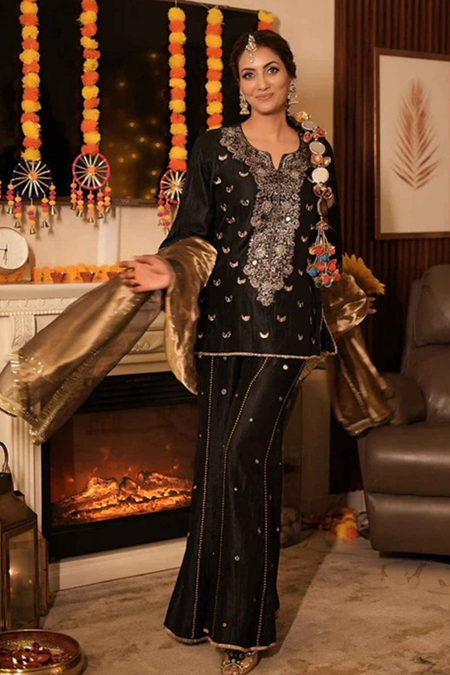 Soulika Black Luxe Hand-Embellished Kurta & Palazzo Set