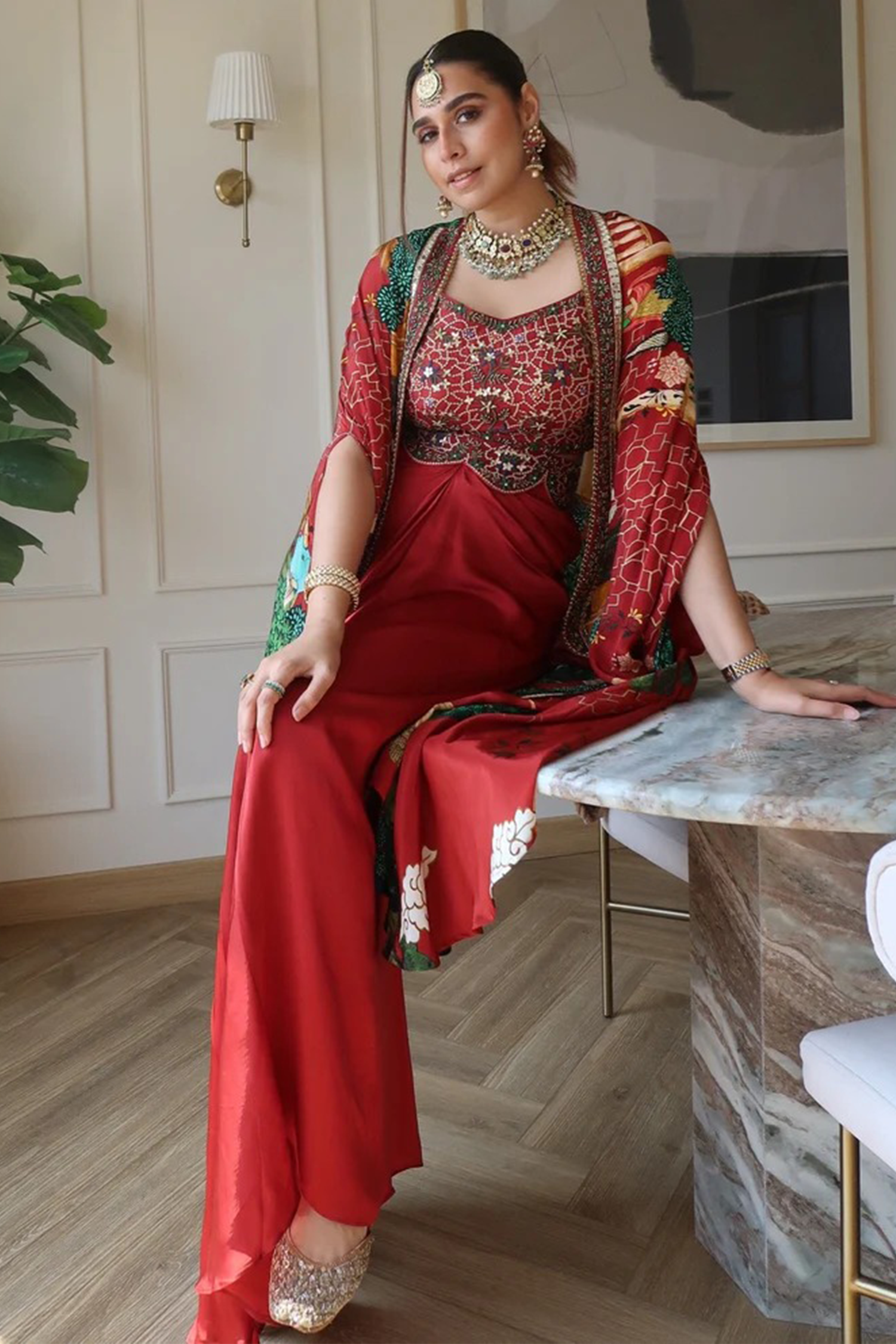 Soulika Red Embroidered Mughal Skirt Cape Set