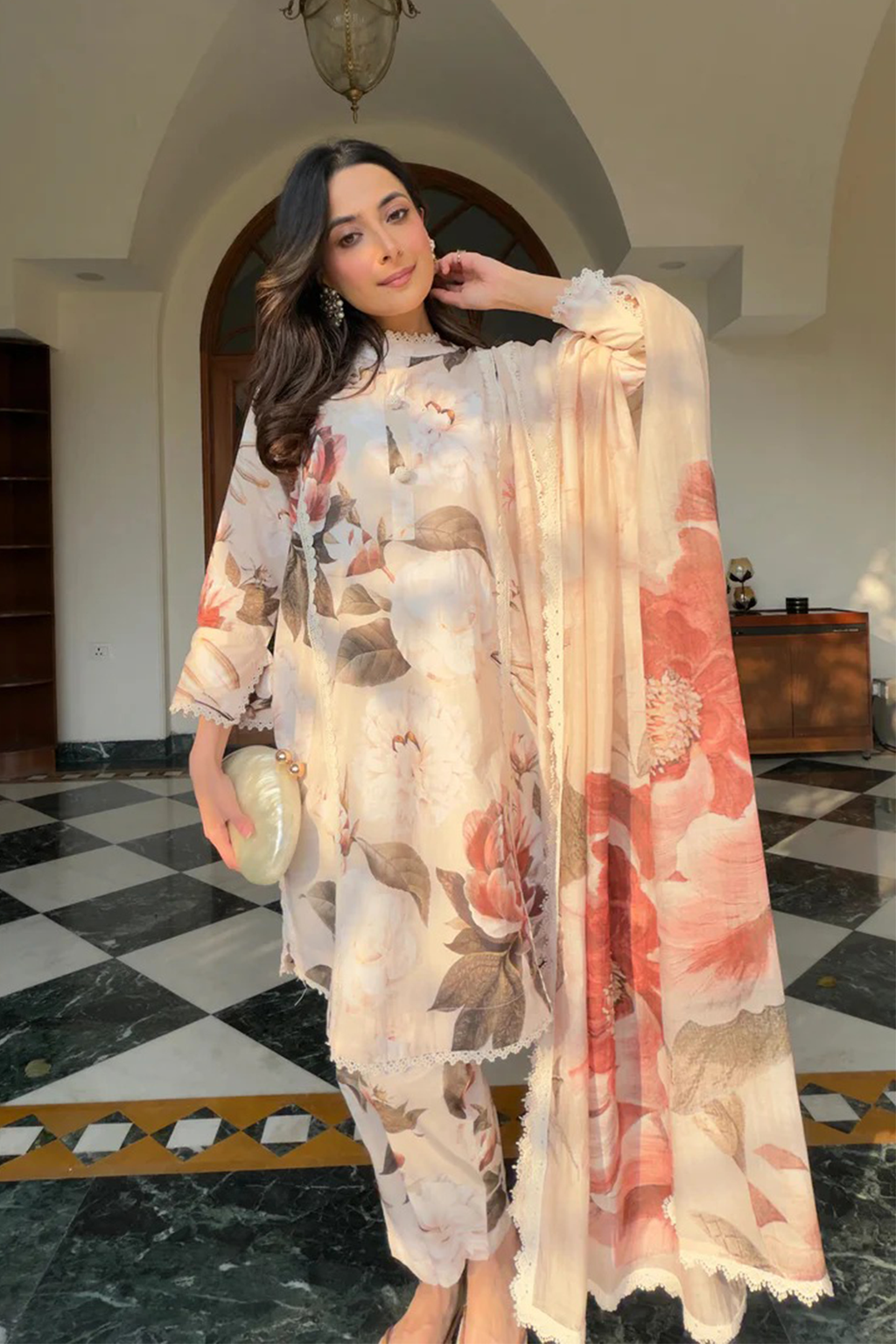 Soulika Luxury Pastel Floral Kurti Set with Dupatta