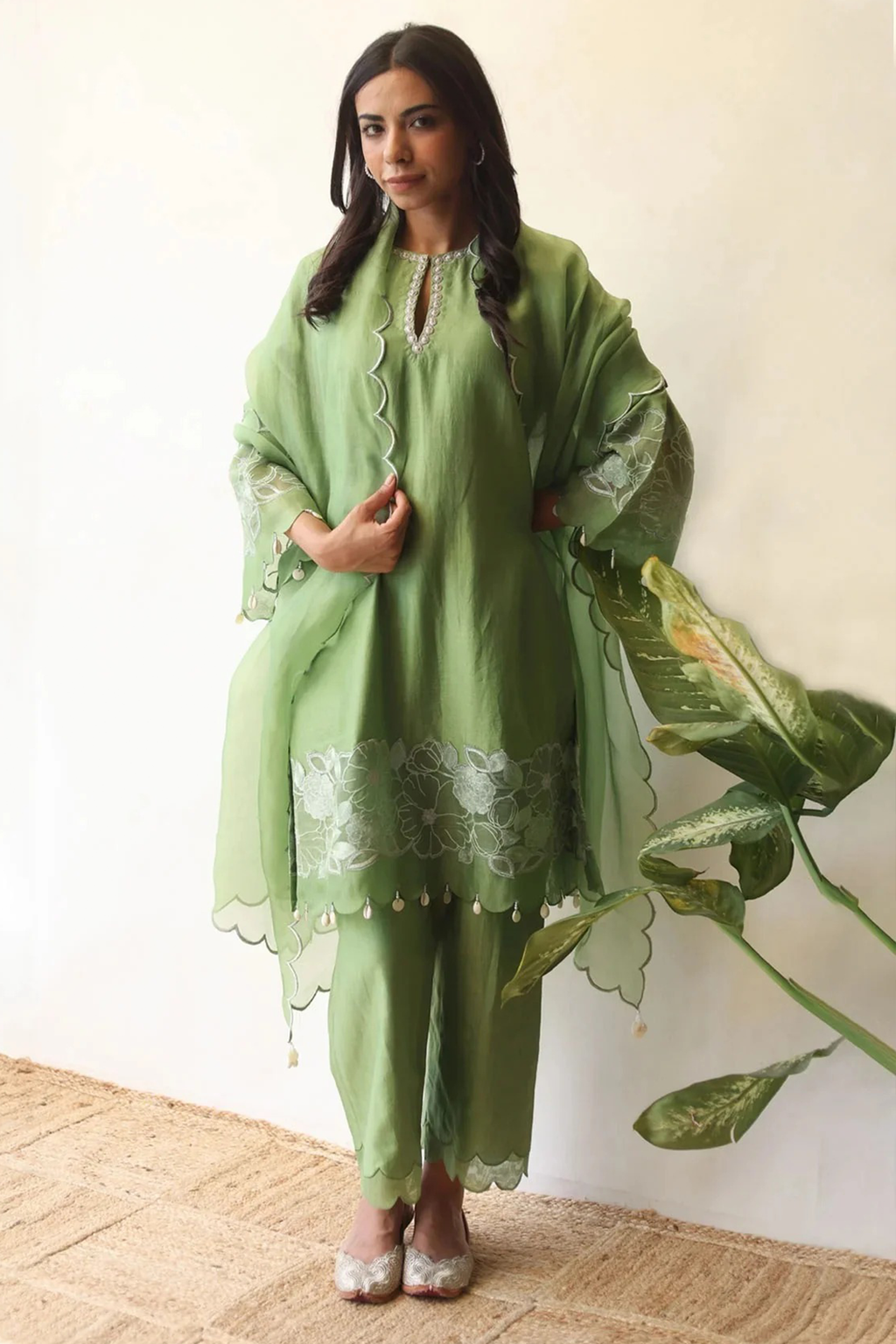 Soulika Sage Green 3-Piece Suit with Floral Embroidery & Tassel Details