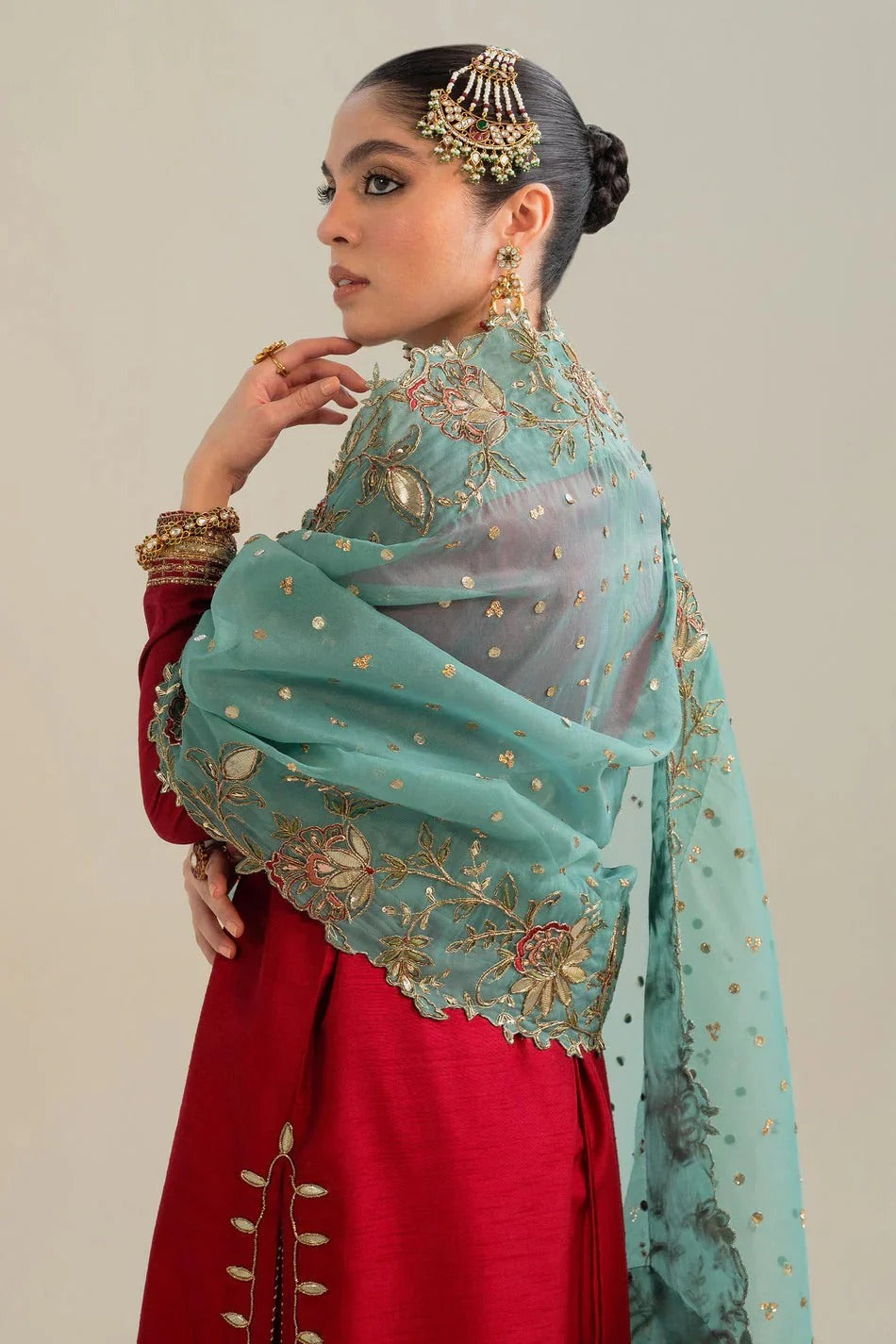 Soulika Ruby Red Kurta Set with Teal Embroidered Dupatta