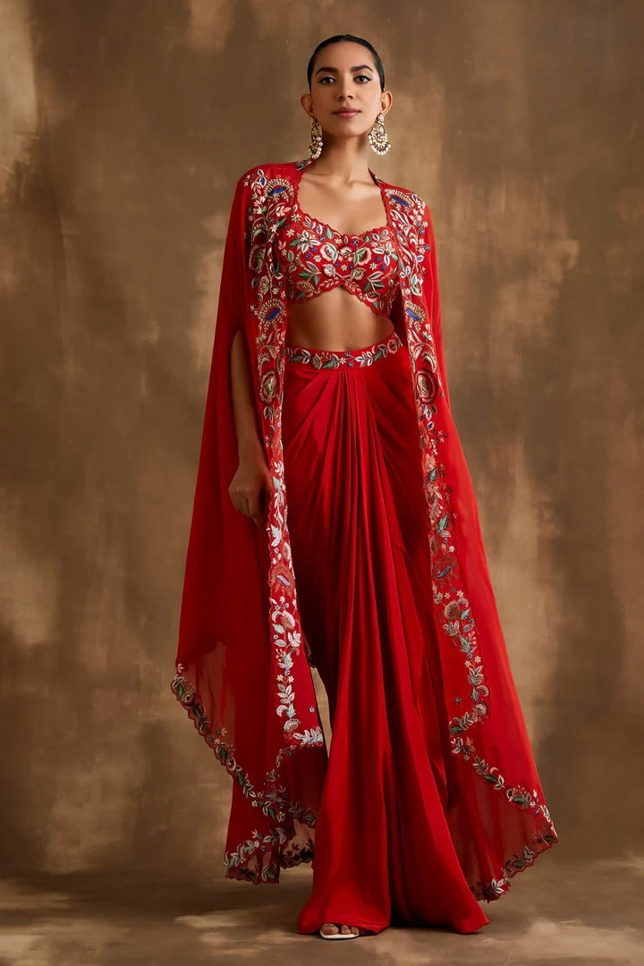 Soulika Red Draped skirt with embroidered crop top & cape