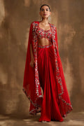 Soulika Red Draped skirt with embroidered crop top & cape