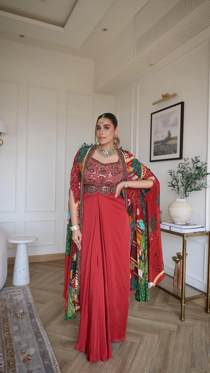 Soulika Red Embroidered Mughal Skirt Cape Set