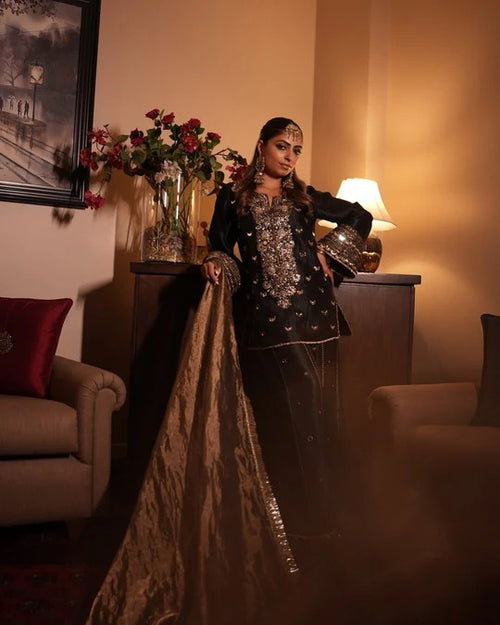 Soulika Black Luxe Hand-Embellished Kurta & Palazzo Set