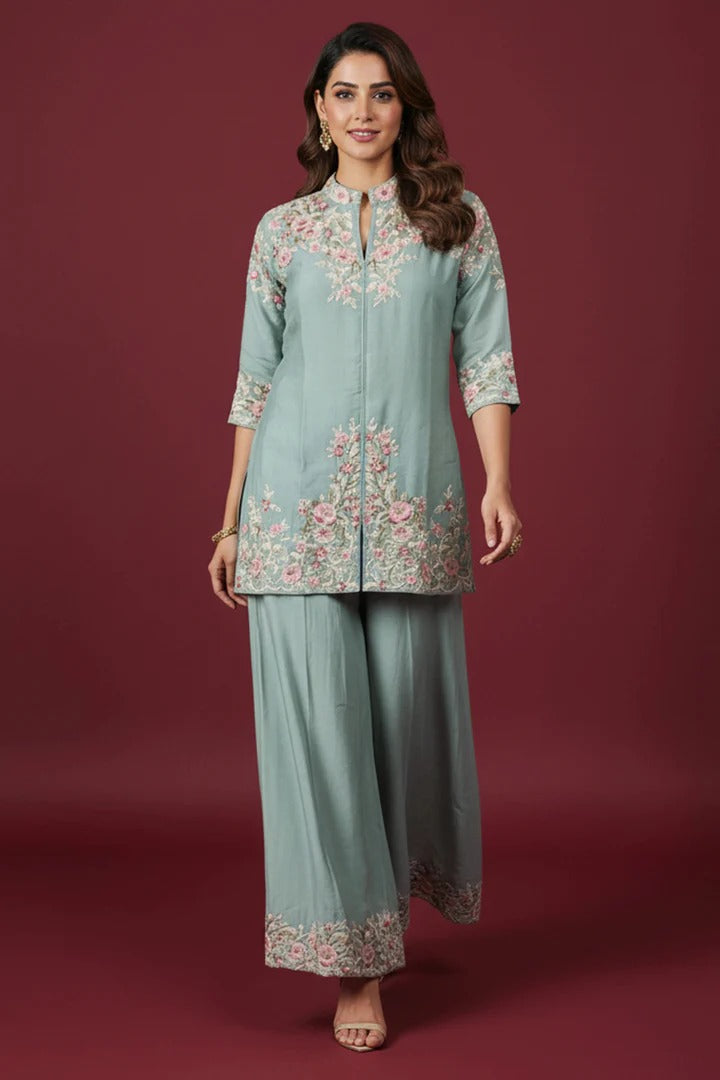 Soulika Sky Blue Heavy Embroidered Chinon Top & Bottom Set with Thread Work Detailing