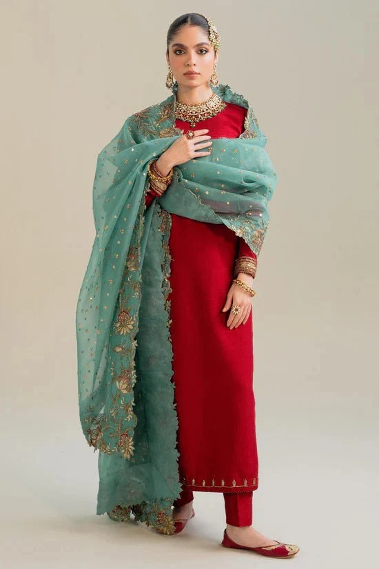 Soulika Ruby Red Kurta Set with Teal Embroidered Dupatta