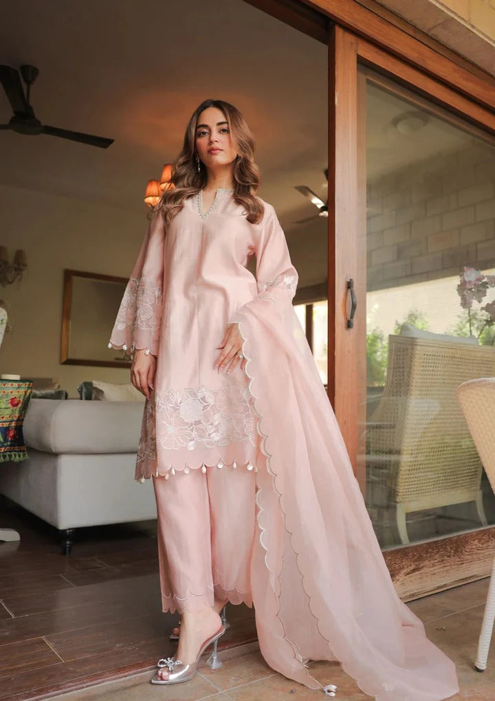 Soulika Soft Blush Pink Embroidered Kurta Set with Sheer Scalloped Dupatta