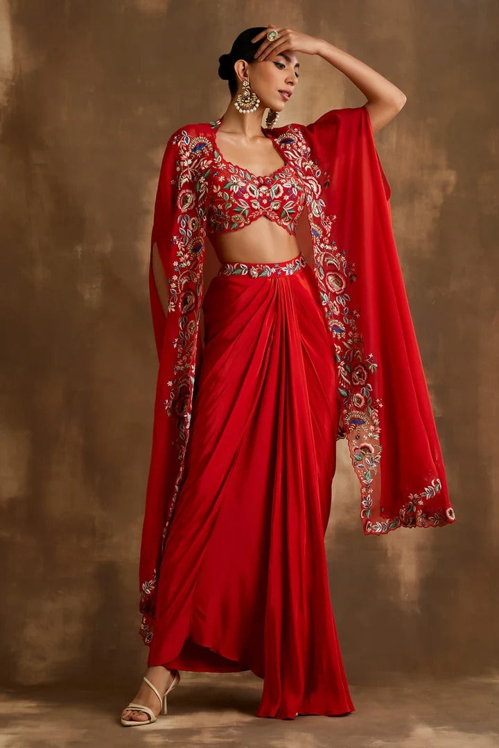 Soulika Red Draped skirt with embroidered crop top & cape