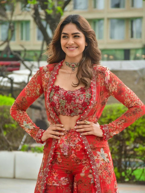 Souika Celibrity inspired Red Blossom Georgette Co-ord with Jacket