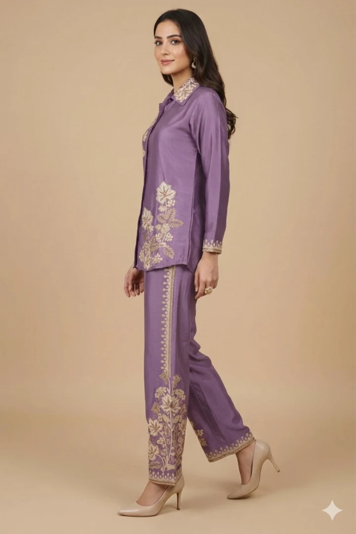 Soulika Gorgeous purple Floral Embroidered Chinon Top Bottom Set for Party and Celebration Styling
