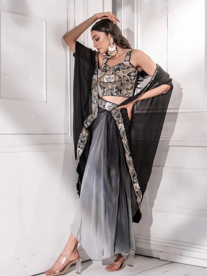 Soulika Black Ombre Indo western Draped Dhoti Skirt Set