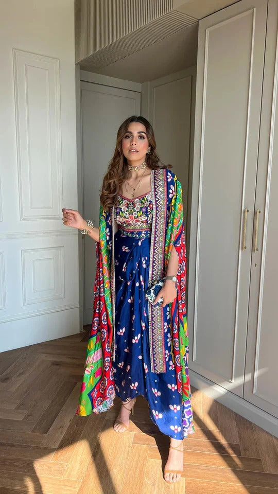 Soulika Embelished Indica Dhoti Skirt Paired With Embriodered Bralette & Cape