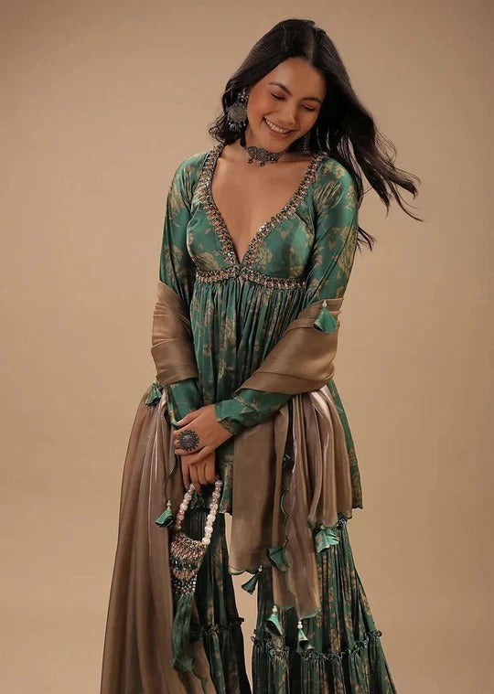 Soulika Teal Floral Printed Kurti Sharara Set with Embellished Neckline & Dupatta