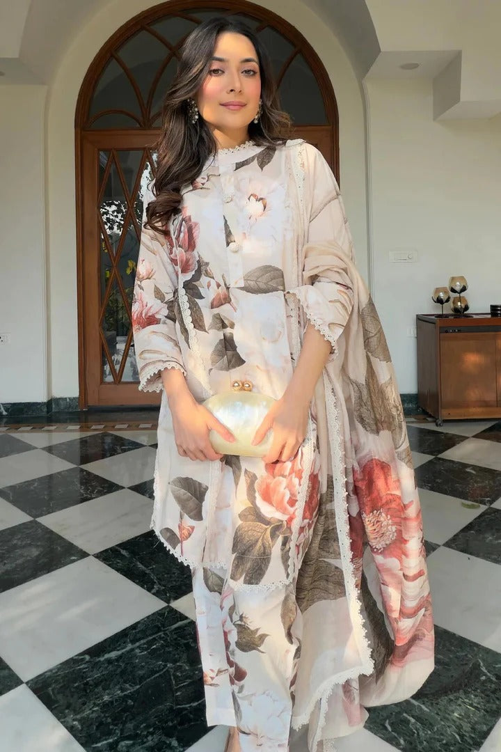 Soulika Luxury Pastel Floral Kurti Set with Dupatta