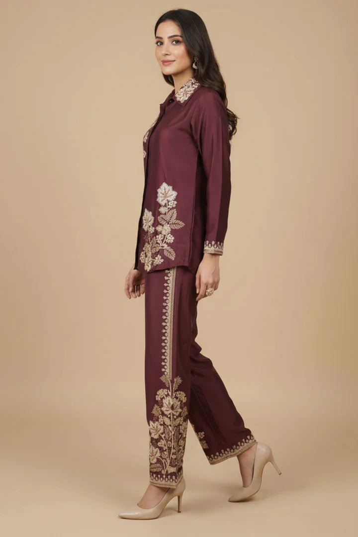 Soulika Gorgeous Wine Floral Embroidered Chinon