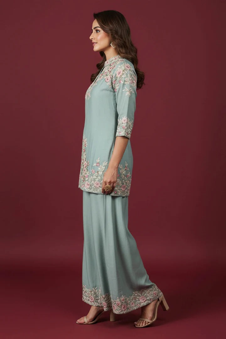 Soulika Sky Blue Heavy Embroidered Chinon Top & Bottom Set with Thread Work Detailing