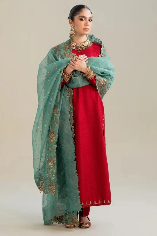 Soulika Ruby Red Kurta Set with Teal Embroidered Dupatta