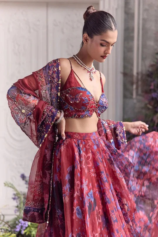 Soulika Wine Floral Printed Lehenga Set with Embellished Bralette & Sheer Dupatta