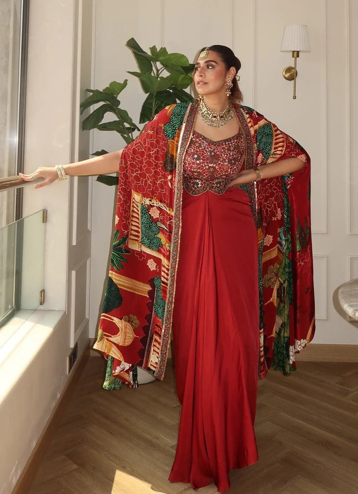 Soulika Red Embroidered Mughal Skirt Cape Set