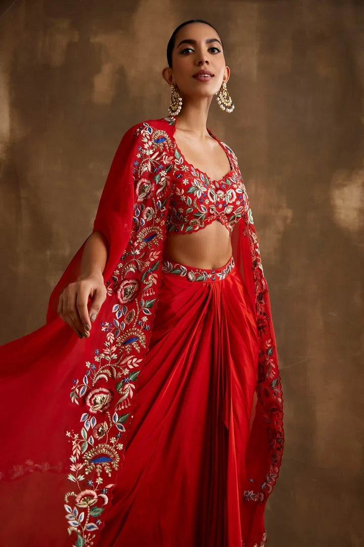 Soulika Red Draped skirt with embroidered crop top & cape