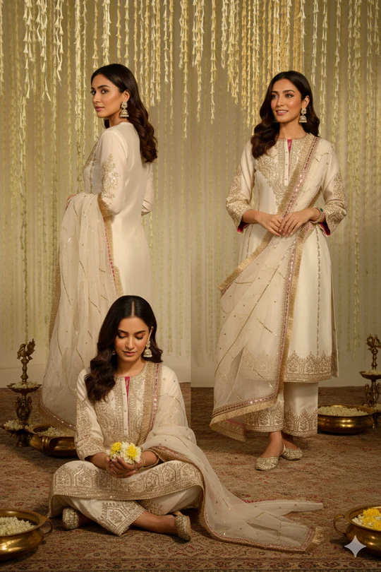 Soulika Elegant Ivory Long Kurta With Palazzo And Dupatta