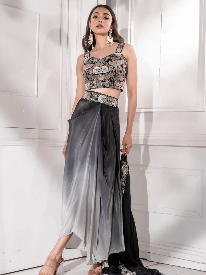 Soulika Black Ombre Indo western Draped Dhoti Skirt Set