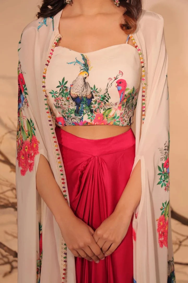 Soulika Crimson Bloom Indo-Western Drape Set with Embroidered Cape