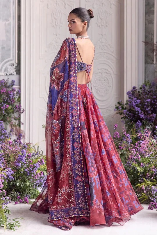 Soulika Wine Floral Printed Lehenga Set with Embellished Bralette & Sheer Dupatta