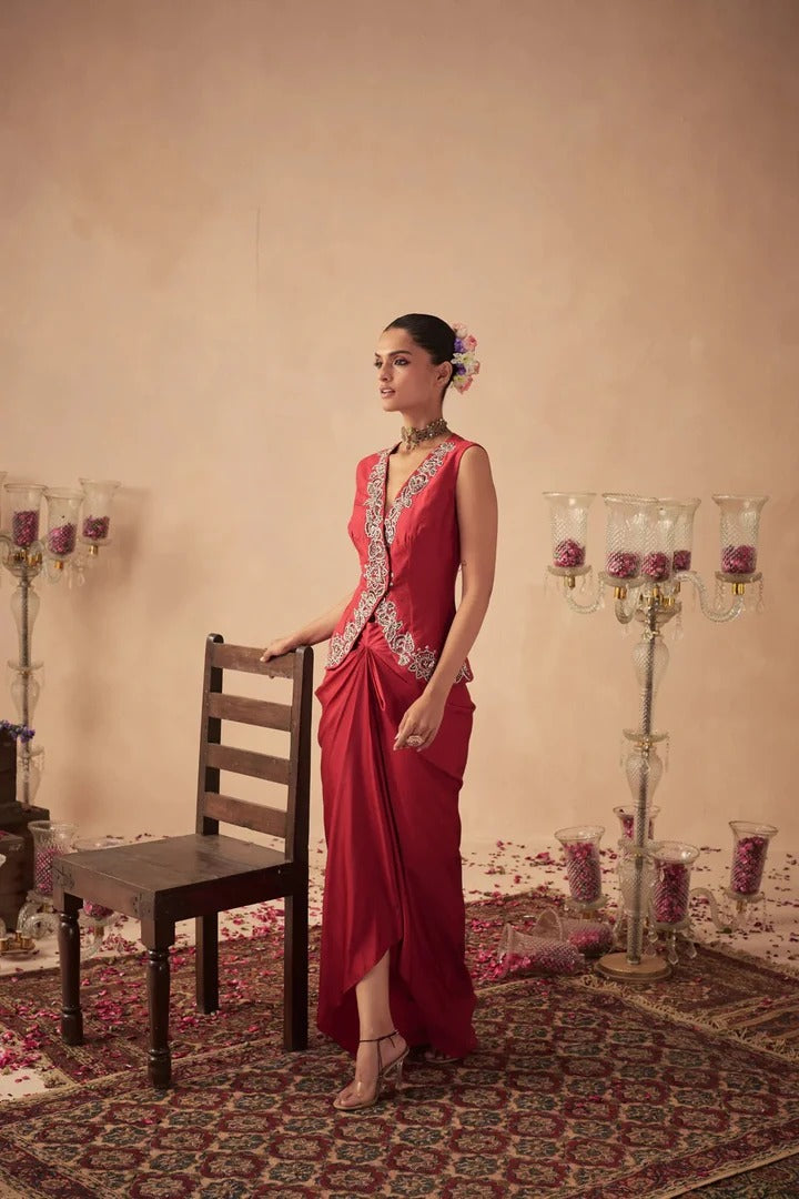Soulika Red Jacket with Draped Skirt