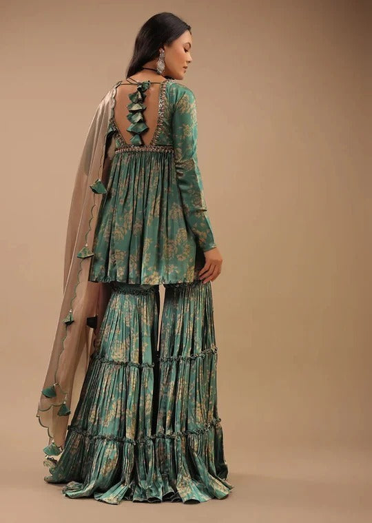 Soulika Teal Floral Printed Kurti Sharara Set with Embellished Neckline & Dupatta
