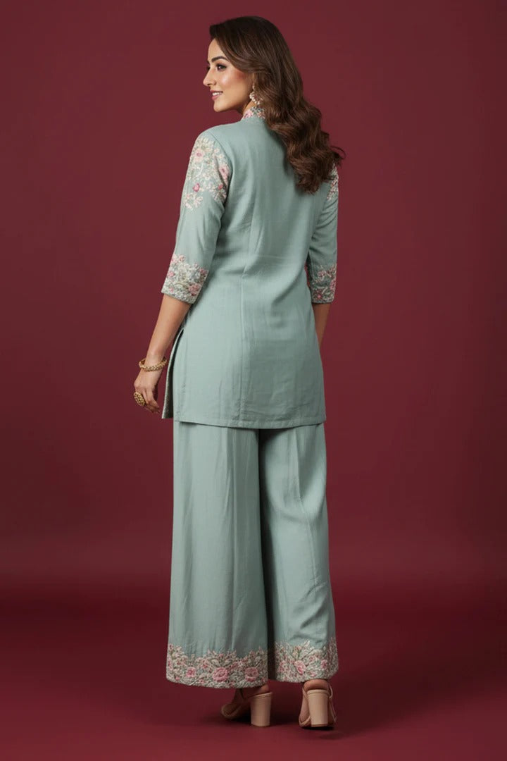 Soulika Sky Blue Heavy Embroidered Chinon Top & Bottom Set with Thread Work Detailing