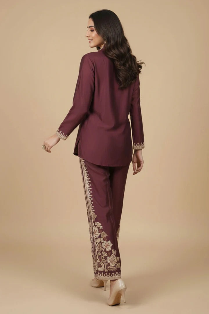 Soulika Gorgeous Wine Floral Embroidered Chinon