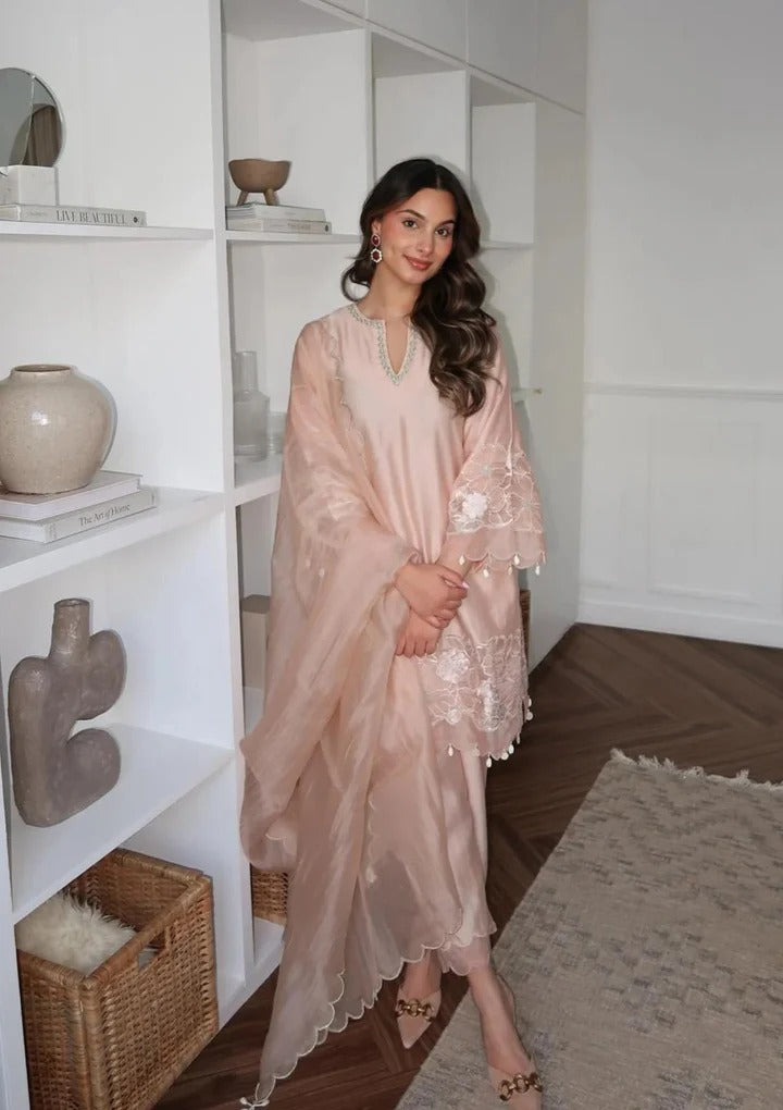 Soulika Soft Blush Pink Embroidered Kurta Set with Sheer Scalloped Dupatta