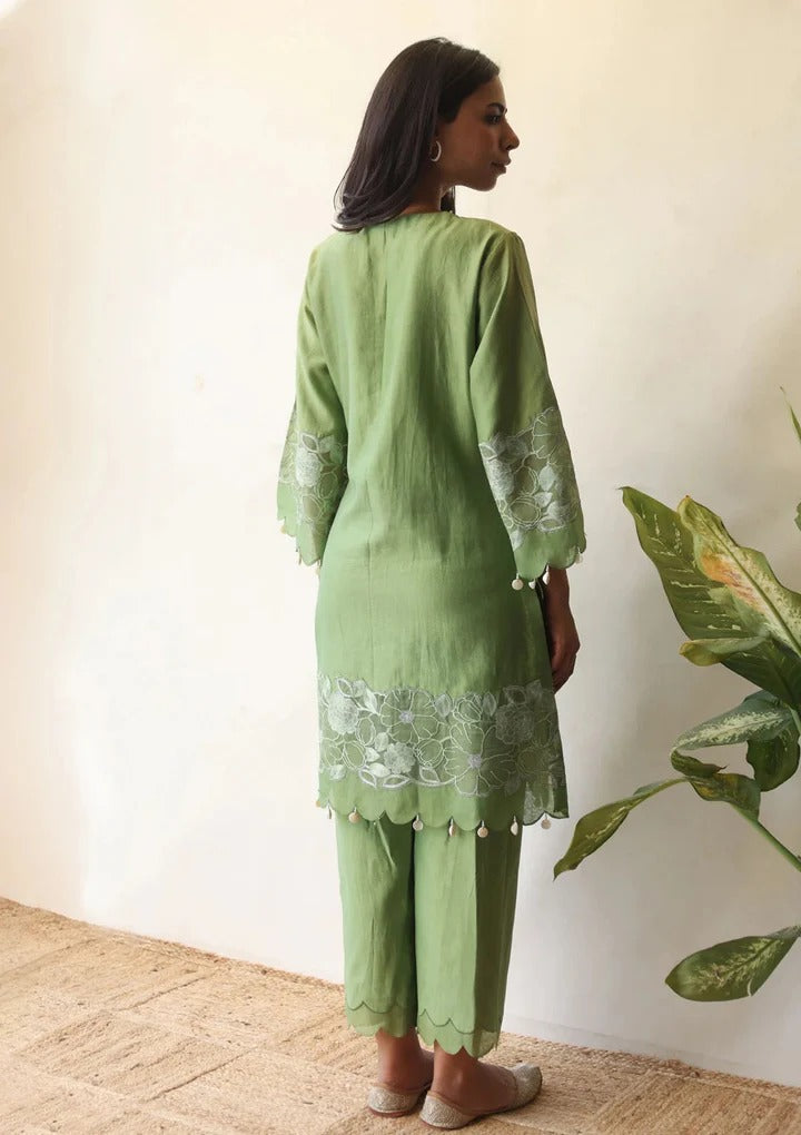 Soulika Sage Green 3-Piece Suit with Floral Embroidery & Tassel Details