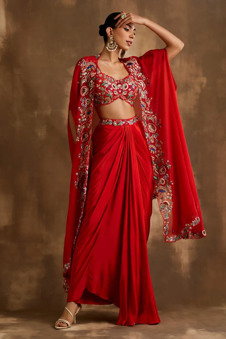 Soulika Red Draped Skirt With Embroidered Crop Top & Cape