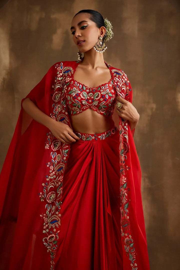 Soulika Red Draped skirt with embroidered crop top & cape