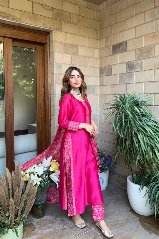 Soulika Elegant Rani Pink Silk Kurta Set with Heritage Print Dupatta