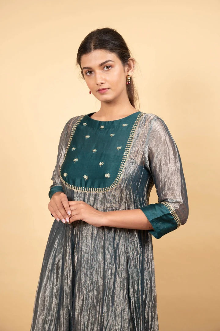 Soulika Green Anarkali Pure Handwoven Tissue Silk Embroidery Zari Thread Round Set