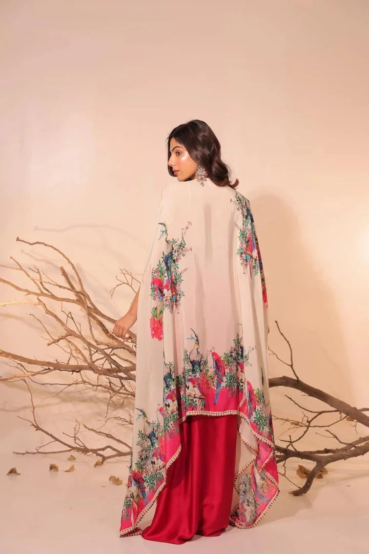 Soulika Crimson Bloom Indo-Western Drape Set with Embroidered Cape