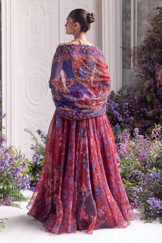 Soulika Wine Floral Printed Lehenga Set with Embellished Bralette & Sheer Dupatta