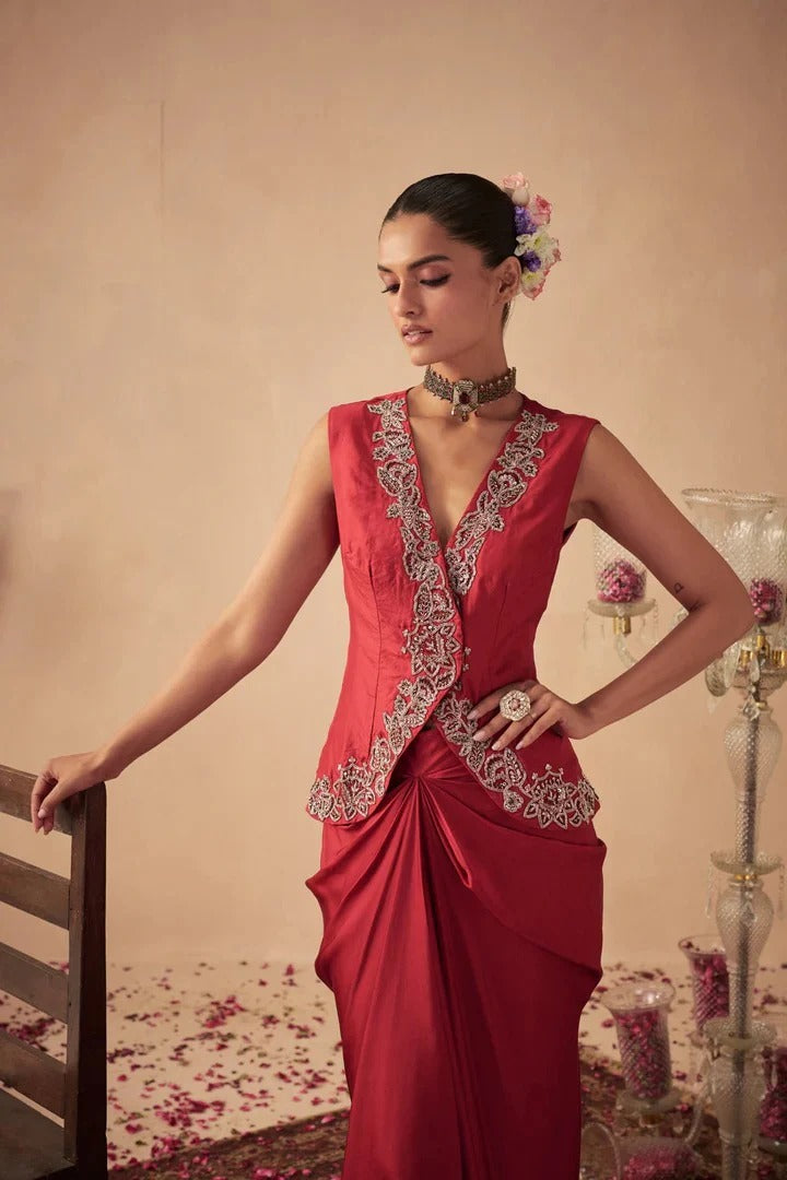 Soulika Red Jacket with Draped Skirt