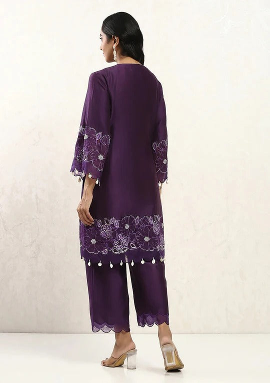 Soulika Purple Embroidered Kurta Set with Sheer Scalloped Dupatta