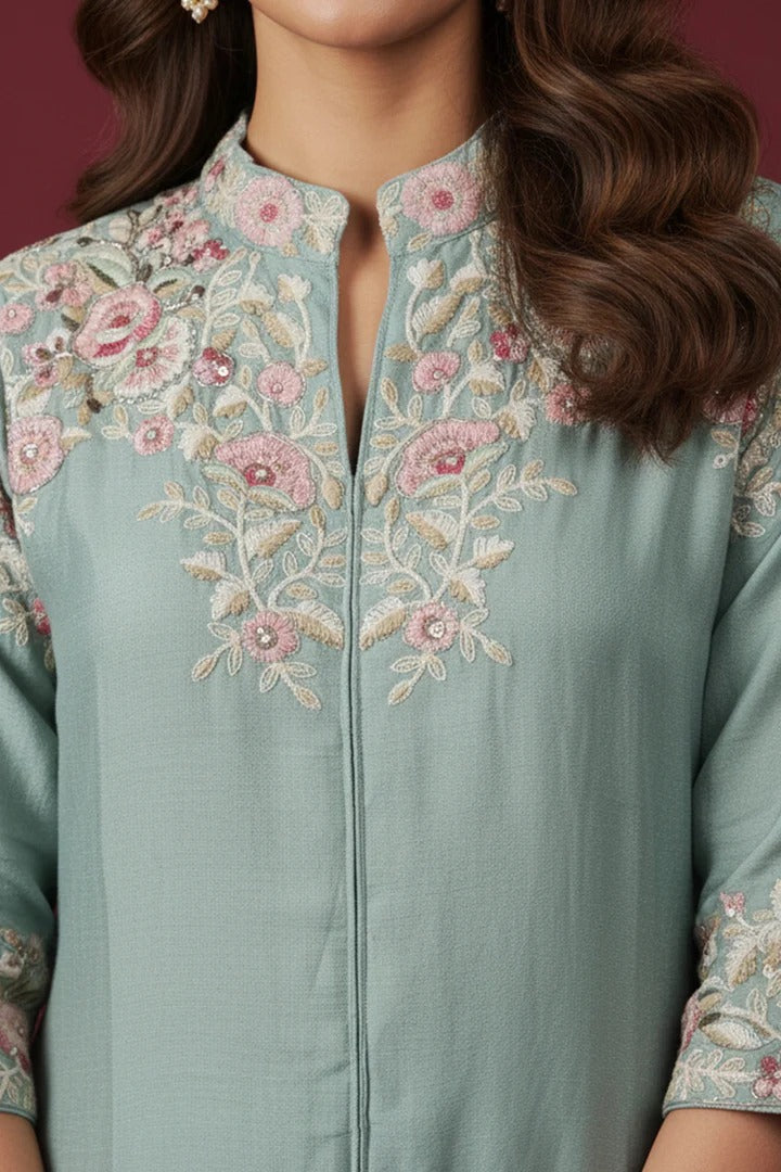 Soulika Sky Blue Heavy Embroidered Chinon Top & Bottom Set with Thread Work Detailing